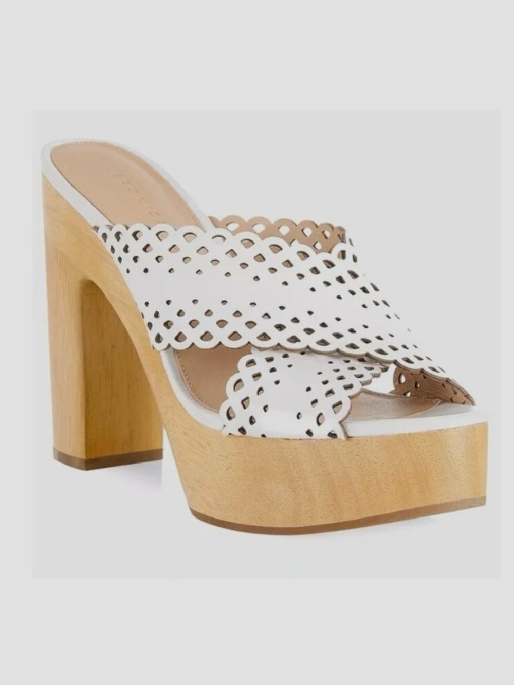 Veronica Beard Gaynor White Scalloped Leather Platform Mule with Wood Heel Clogs